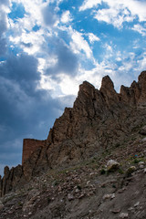 Dogubayazıt, Turkey, Middle East: panoramic and breathtaking view of the ancient castle of Old Beyazit near the famous Ishak Pasha Palace and Eski Bayezid Cami mosque, on the road up to the mountains