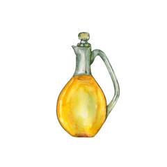 Watercolor illustration transparent bottle of olive oil hand-drawn by watercolor paints and is perfect for all types of design and printing