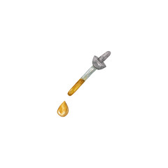 Watercolor illustration of a dropper with a drop of oil drawn by hand in watercolor paints and is perfect for all types of design and printing