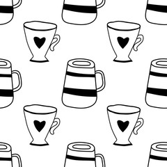 Black and white illustration of tea or coffee mugs. Seamless pattern for coloring book, page.