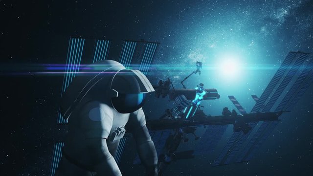 Spaceman in spacesuit flies at blue and black International Space Station lit by starlight. 3d render animation. Science and technology concept. 4K. Elements of this media furnished by NASA