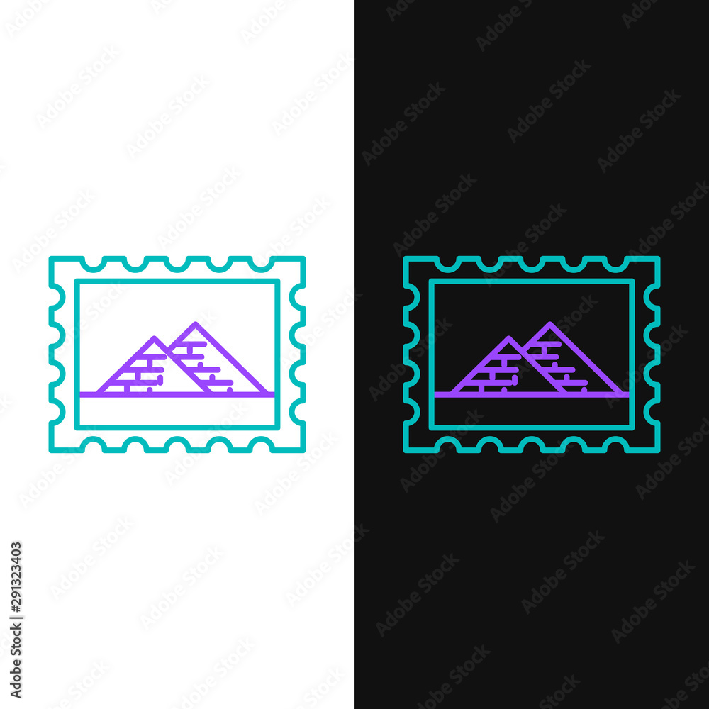 Wall mural Green and purple line Postal stamp and Egypt pyramids icon isolated on white and black background. Vector Illustration