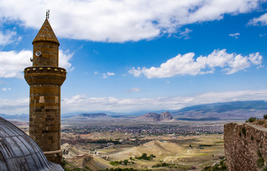 Dogubayazıt, Turkey: view of the minaret of the mosque Eski Bayezid Cami in the breathtaking...