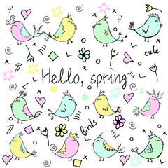 Colorful bird collection. Cute hand drawn bird doodles. Good for posters, stickers, cards, alphabet and nursery decor. Scandinavian kids illustration