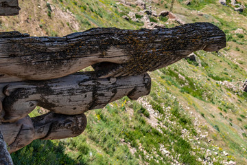 Dogubayazıt, Turkey: view from the terrace of the Oriel room in the Ishak Pasha Palace, semi-ruined palace of Ottoman period (1685-1784), details of the wooden beams composed by human, lion and eagle