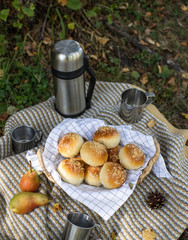 picnic outdoors. Thermos with tea coffee, delicious buns
