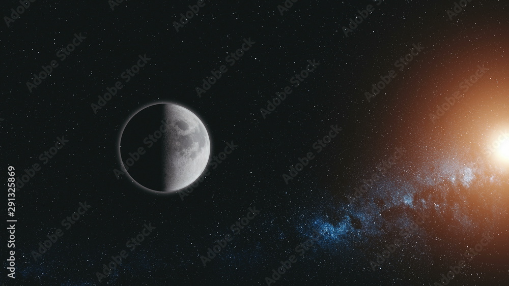 Canvas Prints moon orbit surface sun beam glow starry galaxy. planet motion sight milky way background deep outer 