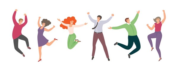 Group of happy jumping people in flat style isolated on white background. Hand-drawn funny cartoon women and men.