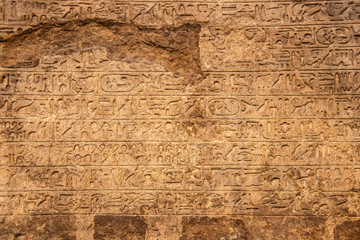 Background - Carved ancient Egyptian writing or hieroglyphics-sacred carvings or mdju netjer meaning words of the gods - in horizontal rows - damaged and grunge