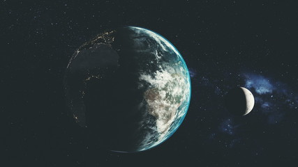 Planet Earth Spin Moon Orbit Space Sun Beam Glow. Star Open Galaxy Constellation Satellite View Radiance Milky Way Light Space Travel Concept 3D Animation