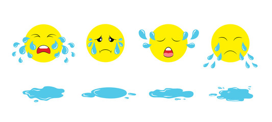 Set of cartoon crying emoji faces with tear drops and puddles. Weeping upset emoticons