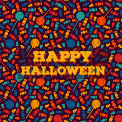 Obraz premium Happy Halloween greeting card. Trick or treat poster. Traditional holiday sweets pattern. Kids background