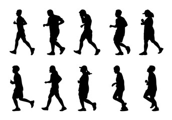Silhouette people running on white background, Lifestyle man and women exercise vector set