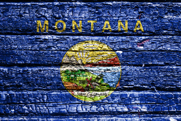 The national flag of the US state Montana in against a black charred wooden wall on the day of independence. Political and religious disputes, fire department and firefighters.