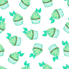  Mint Cupcake. Seamless pattern. On a white background cupcake with green mint leaves. Color image. Vector illustration.