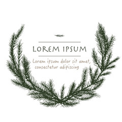 Vector christmas wreath with pine hand drawn circle background with tree for greeting cards