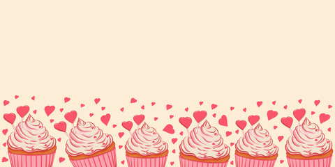  Cupcakes with hearts. Texture for Valentine's Day. On a pink background are cupcakes and hearts at the bottom of the image. Vector illustration.