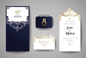 Wedding invitation or greeting card with gold floral ornament. Wedding invitation envelope for laser cutting. Vector illustration. - 291329075