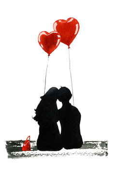 The silhouette of a loving couple sitting on the bench with the heart shaped air balloons. The illustration is hand painted in watercolor on the white background. 
