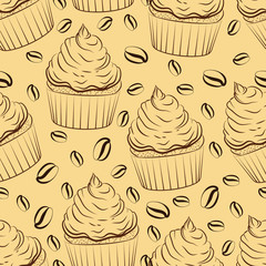  Coffee cupcake. Seamless pattern. On a beige background, an outline drawing of a cupcake and coffee beans. Vector illustration.
