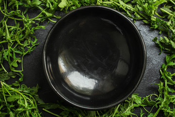 arugula, healthy salad, greens (delicious snack, healthy diet) menu concept. food background. copy space. Top view