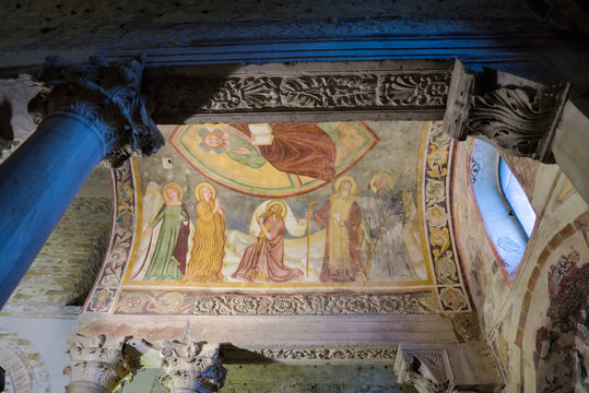 Interior detail of "Tempietto Longobardo / Longobard Temple" colorful paintings / fresco - Unesco world heritage. Built around 760 d.c