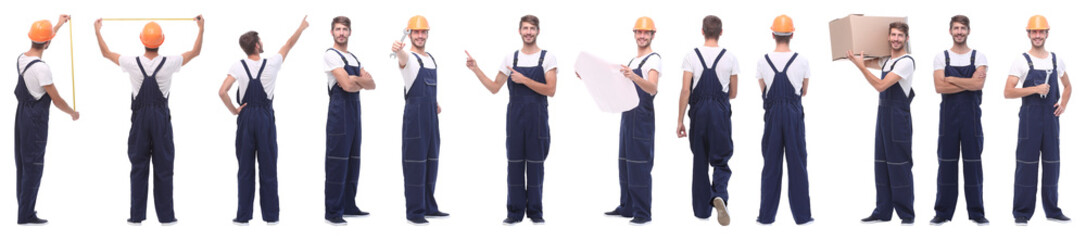 panoramic collage of skilled handyman isolated on white