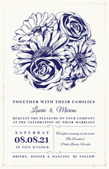 Floral wedding invitation. Hand drawn vintage flowers-rose, lily, chamomile