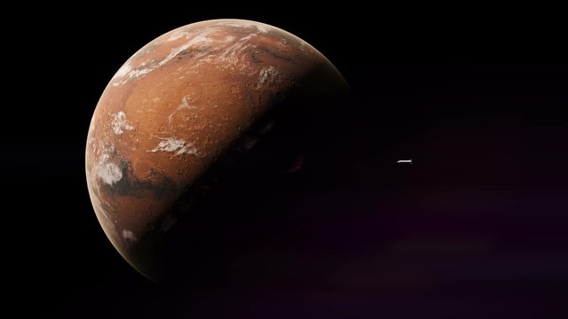 Distant spacecraft approaching planet Mars half in shadow, Animation