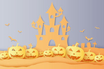 Halloween pumpkin, castle and graveyard, paper art style