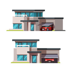 Modern architecture style building. House with car