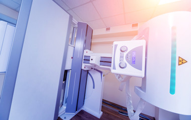 X-ray room in a hospital. Classic ceiling-mounted x-ray system.
