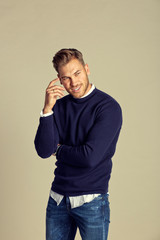 Handsome Charming Fashionable Young Adult Man with Blue Chic Elegant Autumn - Winter Outfits