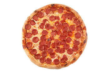 Pepperoni pizza arrangement isolated on white background. Close-up.