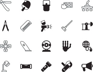 equipment vector icon set such as: blockchain, oil, bullhorn, image, lamp, knowledge, barbershop, food, travel, flashlight, comb, shovel, automated, around, drying, office, gas, access, factory