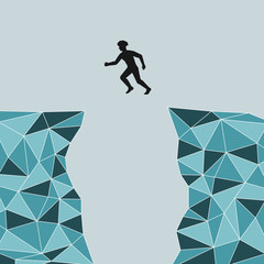 Silhouette of a man who jumps over rocks. jump from mountain to mountain. Mountains in the art triangle. Safety. Vector