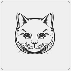 Cute cat face illustration. Greeting card design, print design for t-shirt, template for pet shop logo.