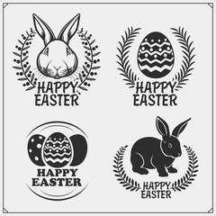 Happy Easter set. Easter bunny and eggs. Greeting card with cute rabbit template.