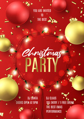 Promo flyer for Christmas party. Holiday poster with realistic Christmas red and golden balls, golden confetti and sparkling light garlands. Vector illustration. Invitation to night club party.