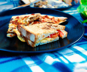 picnic style melted grilled cheese sandwich snack meal with slice of pizza in outdoor lighting