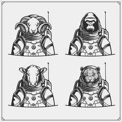 Space and astronaut emblems, labels and design elements. Ram, gorilla, cow and leopard in a space suit. Print design for t-shirt. Monochrome design.  © malashkos