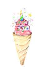 Illustration drawn by watercolor ice cream confectionery in a waffle cup on a white isolated background