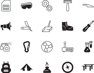equipment vector icon set such as: cut, data, glasses, antiseptic, megaphone, flame, shoe, electric, map, bag, service, research, child, red, headphone, electrical, shoes, flow, route, beam, wheel