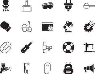 Fototapeta premium equipment vector icon set such as: paper-clip, horseshoe, pipe, backpack, competition, event, bulb, buoy, food, hook, calendar, polarity, garbage, up, desk, sweep, bullhorn, floor, study, dirt