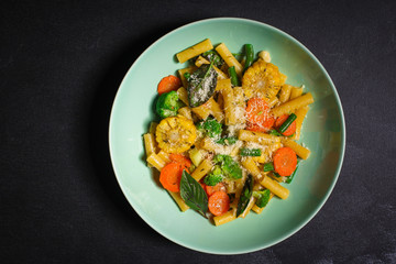 pasta salad with vegetables (warm appetizer snack, healthy food) menu concept. food background. copy space. Top view