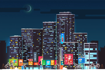 Obraz premium New Year evening, night moon skyscrapers cityscape