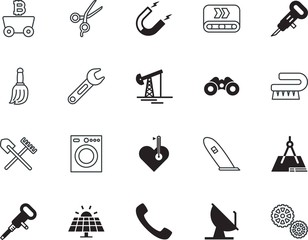 equipment vector icon set such as: graphics, rock, rake, gasoline, barbershop, attraction, valentine, broomstick, vacancy, derrick, mobile, agriculture, production, baggage, mechanic, human, package