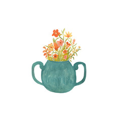 Watercolor illustration of a green pot with flowers painted by watercolor in hand and is perfect for all types of design and printing