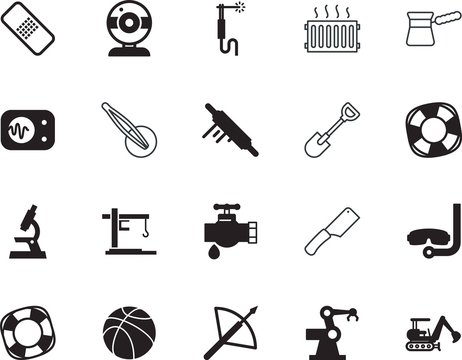 equipment vector icon set such as: wheel, objective, arabic, pincers, sticky, underwater, heavy, corporate, network, snorkel, picking, working, communication, vacancy, farm, beauty, small, save