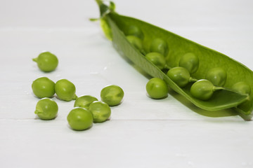 green pea pod, green peas, white background, close up,